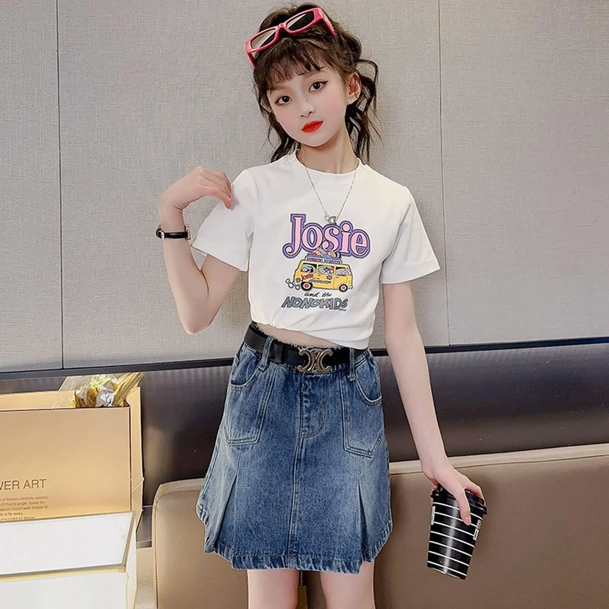 Girls Denim Skirt Casual Mini Stretch Waist Pleated Ruffle Short Jean A-line Skirts for Kids 4-13 Years
