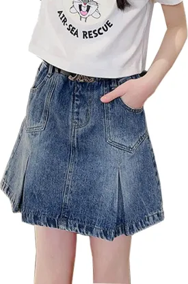 Girls Denim Skirt Casual Mini Stretch Waist Pleated Ruffle Short Jean A-line Skirts for Kids 4-13 Years