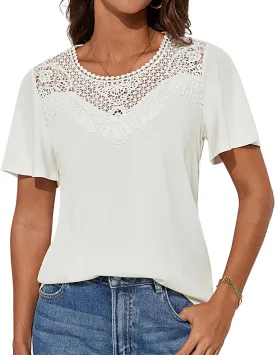 GRACE KARIN Womens Summer Tops Ruffle Sleeve 2025 Trendy Lace Floral Crew Neck Ribbed T Shirts Dressy Casual Blouses