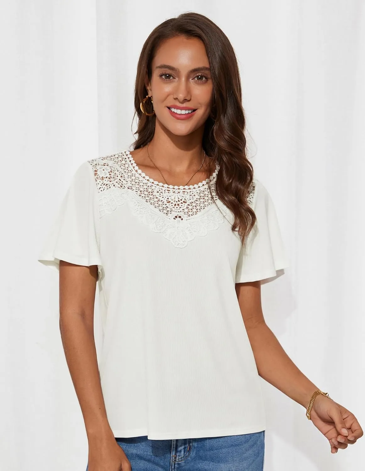 GRACE KARIN Womens Summer Tops Ruffle Sleeve 2025 Trendy Lace Floral Crew Neck Ribbed T Shirts Dressy Casual Blouses
