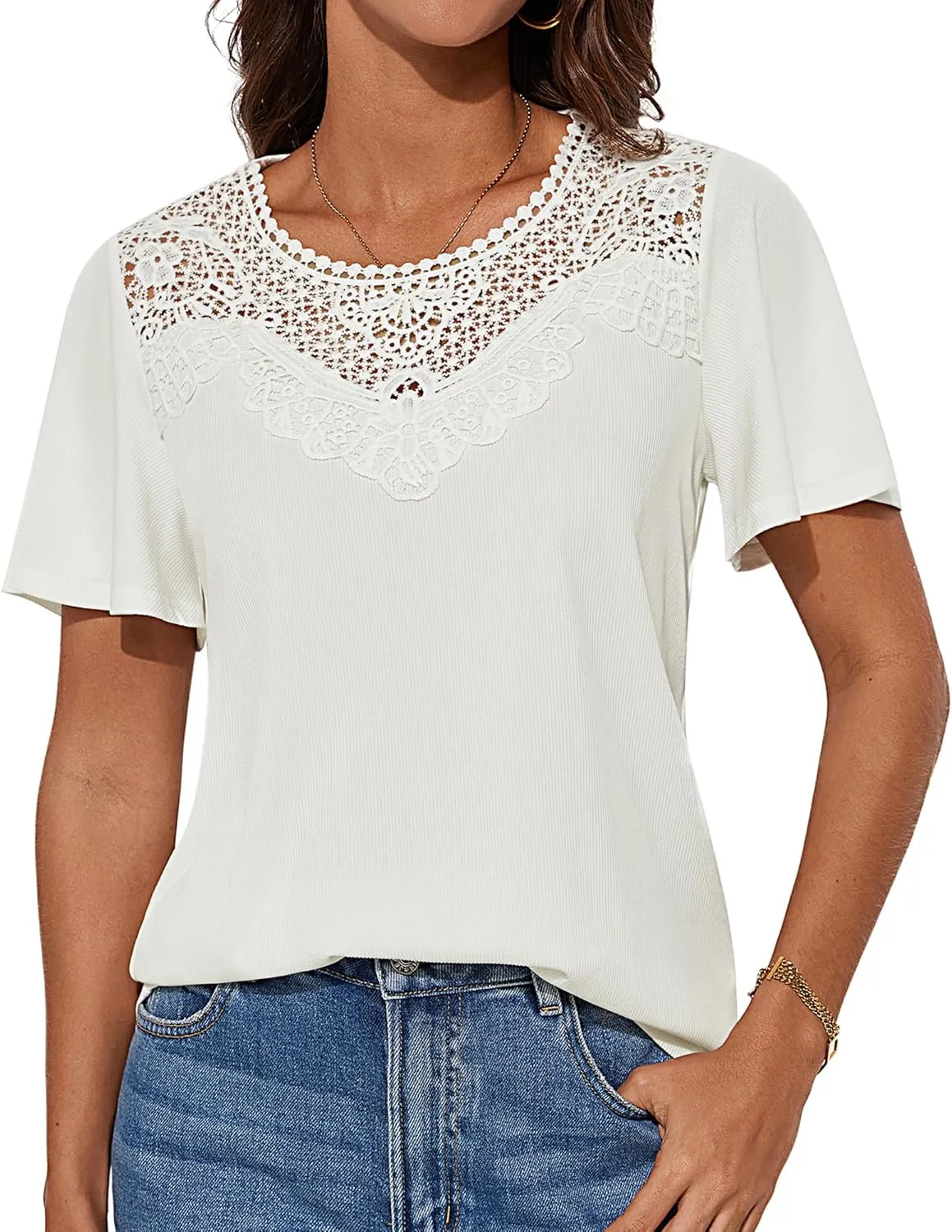 GRACE KARIN Womens Summer Tops Ruffle Sleeve 2025 Trendy Lace Floral Crew Neck Ribbed T Shirts Dressy Casual Blouses