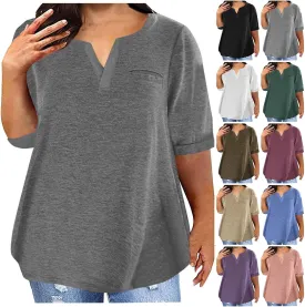 Half Sleeve Plus Size Tops for Women Notched V Neck Casual Loose Fit Tshirts Oversized Spring Summer Going Out Tees
