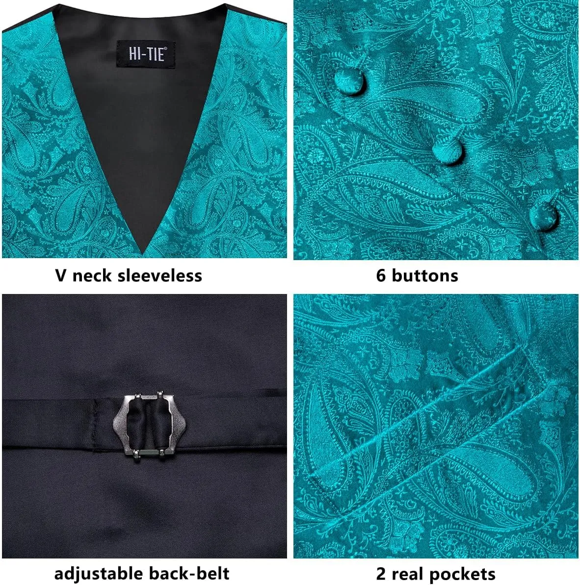 Hi-Tie Men's Suit Vest and Tie Set Formal Waistcoat V-Neck Paisley Vest and Tie Pocket Square Cufflinks Set for Wedding