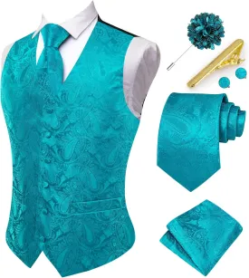 Hi-Tie Men's Suit Vest and Tie Set Formal Waistcoat V-Neck Paisley Vest and Tie Pocket Square Cufflinks Set for Wedding