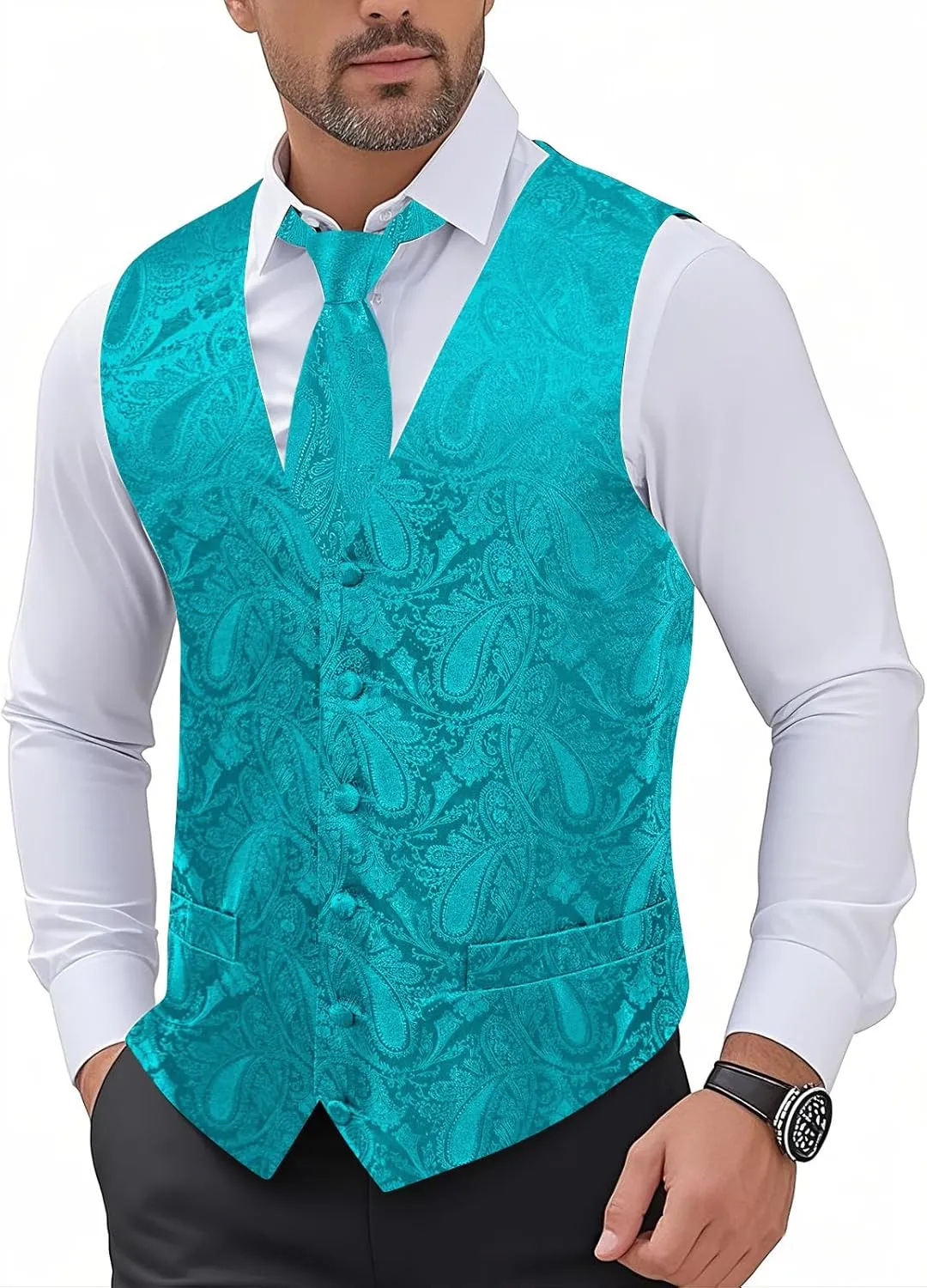 Hi-Tie Men's Suit Vest and Tie Set Formal Waistcoat V-Neck Paisley Vest and Tie Pocket Square Cufflinks Set for Wedding