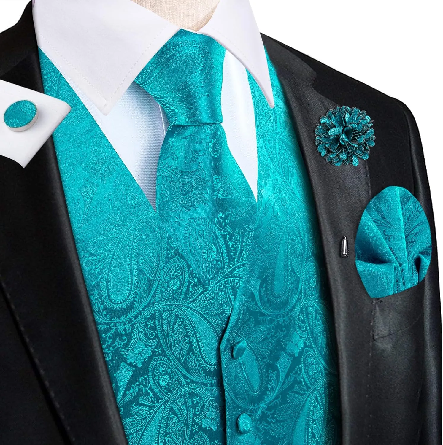 Hi-Tie Men's Suit Vest and Tie Set Formal Waistcoat V-Neck Paisley Vest and Tie Pocket Square Cufflinks Set for Wedding