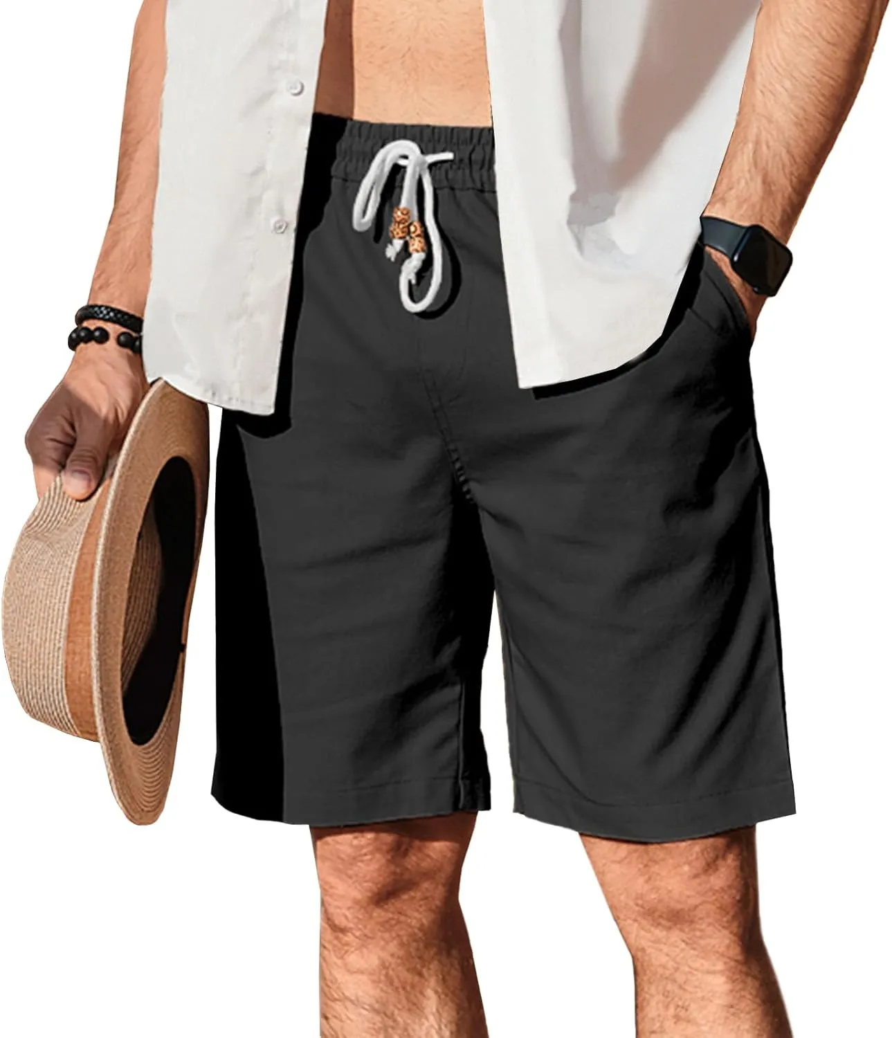 HOTake Men's Linen Shorts Casual Drawstring Elastic Waist Summer Beach Vacation Shorts