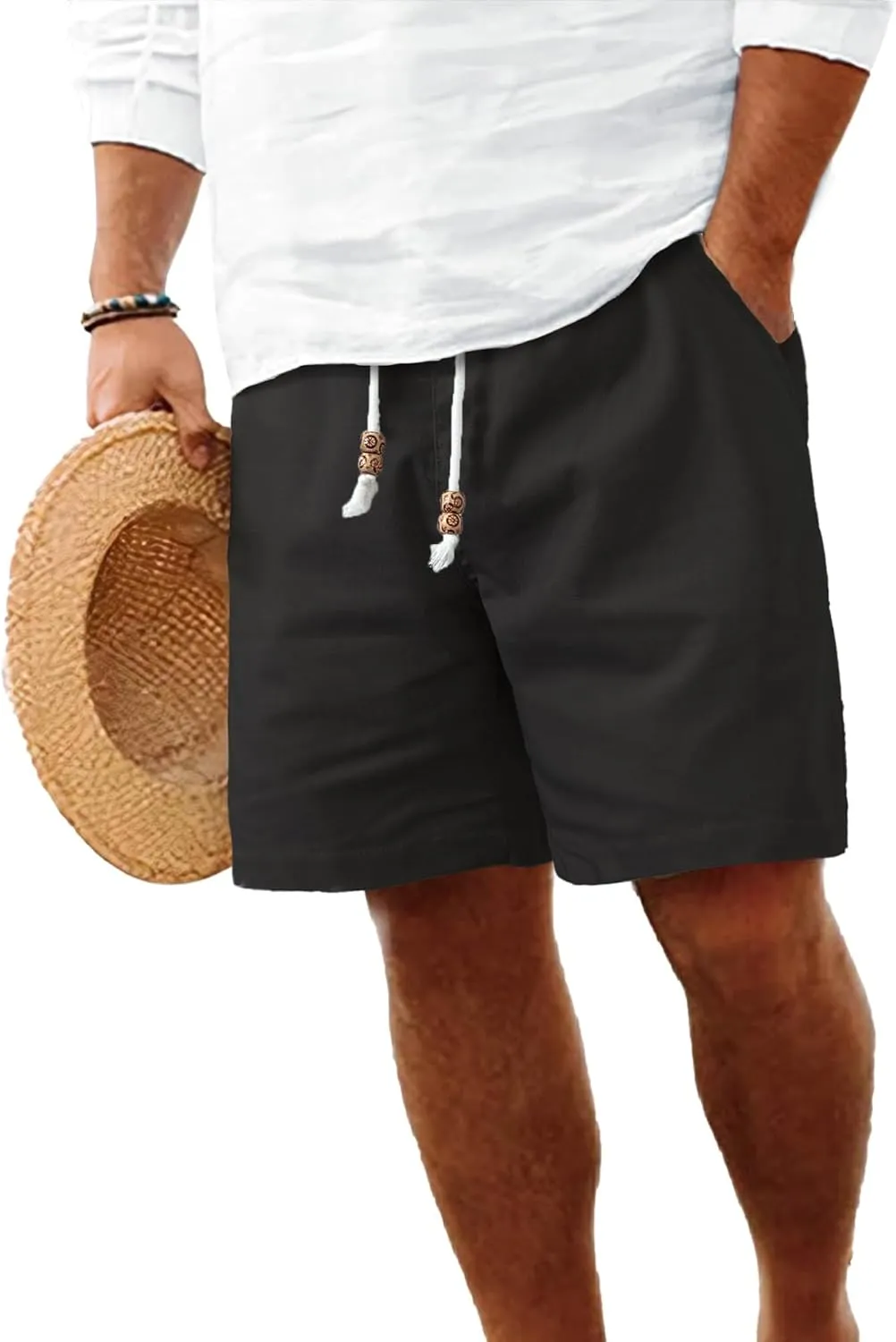 HOTake Men's Linen Shorts Casual Drawstring Elastic Waist Summer Beach Vacation Shorts