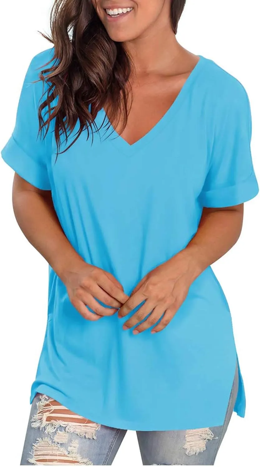 Hvyesh Half Sleeve Tunic Tops for Women Loose Fit Summer Casual Long Tshirts Shirts Deep V Neck Women's Tees