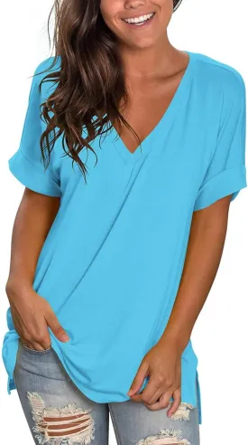 Hvyesh Half Sleeve Tunic Tops for Women Loose Fit Summer Casual Long Tshirts Shirts Deep V Neck Women's Tees