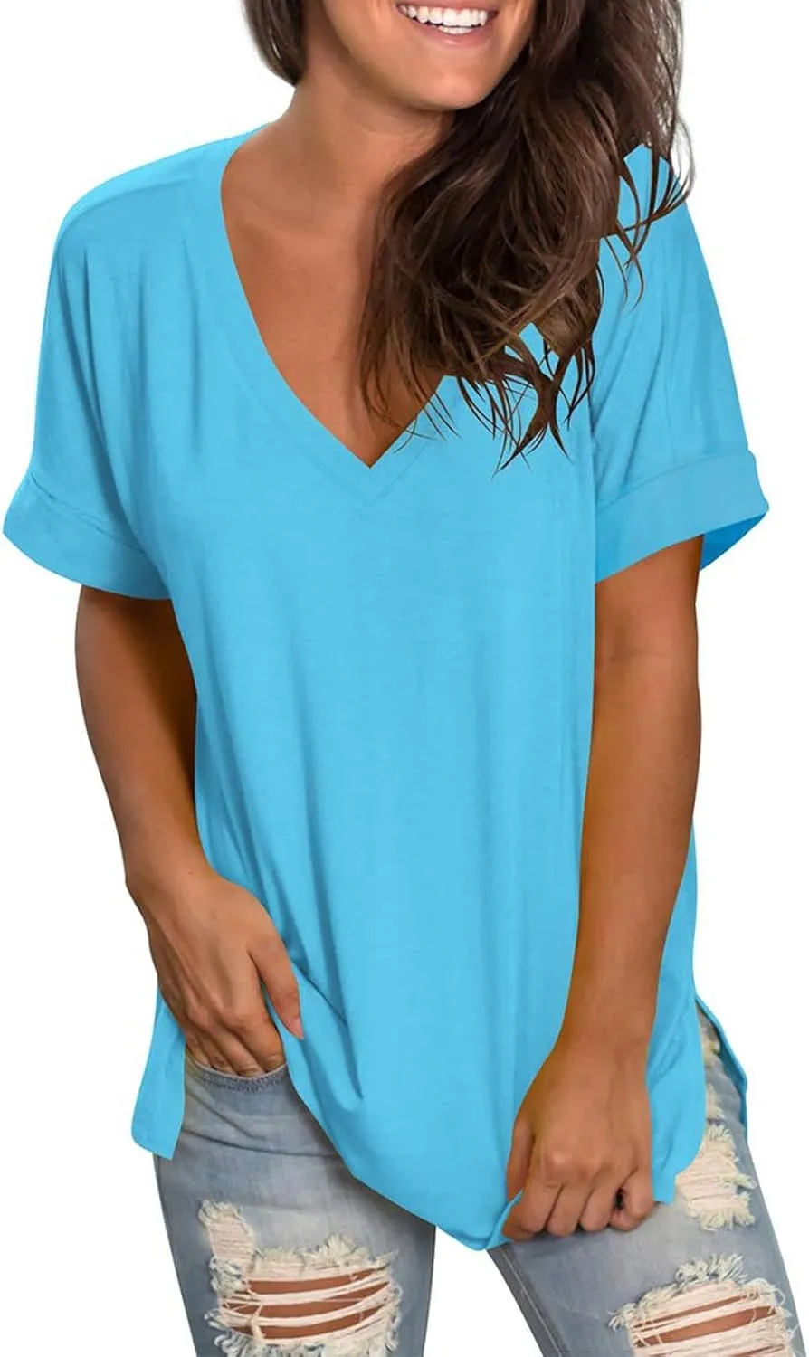 Hvyesh Half Sleeve Tunic Tops for Women Loose Fit Summer Casual Long Tshirts Shirts Deep V Neck Women's Tees