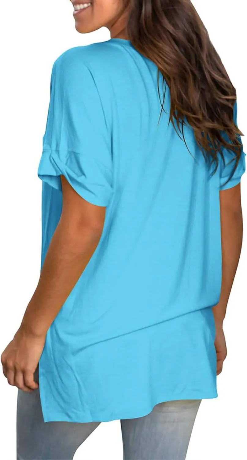 Hvyesh Half Sleeve Tunic Tops for Women Loose Fit Summer Casual Long Tshirts Shirts Deep V Neck Women's Tees