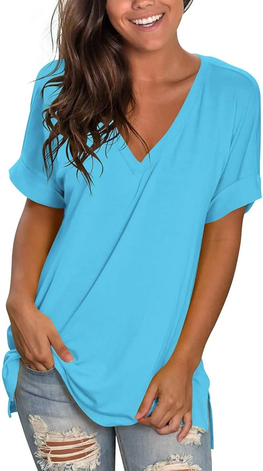 Hvyesh Half Sleeve Tunic Tops for Women Loose Fit Summer Casual Long Tshirts Shirts Deep V Neck Women's Tees