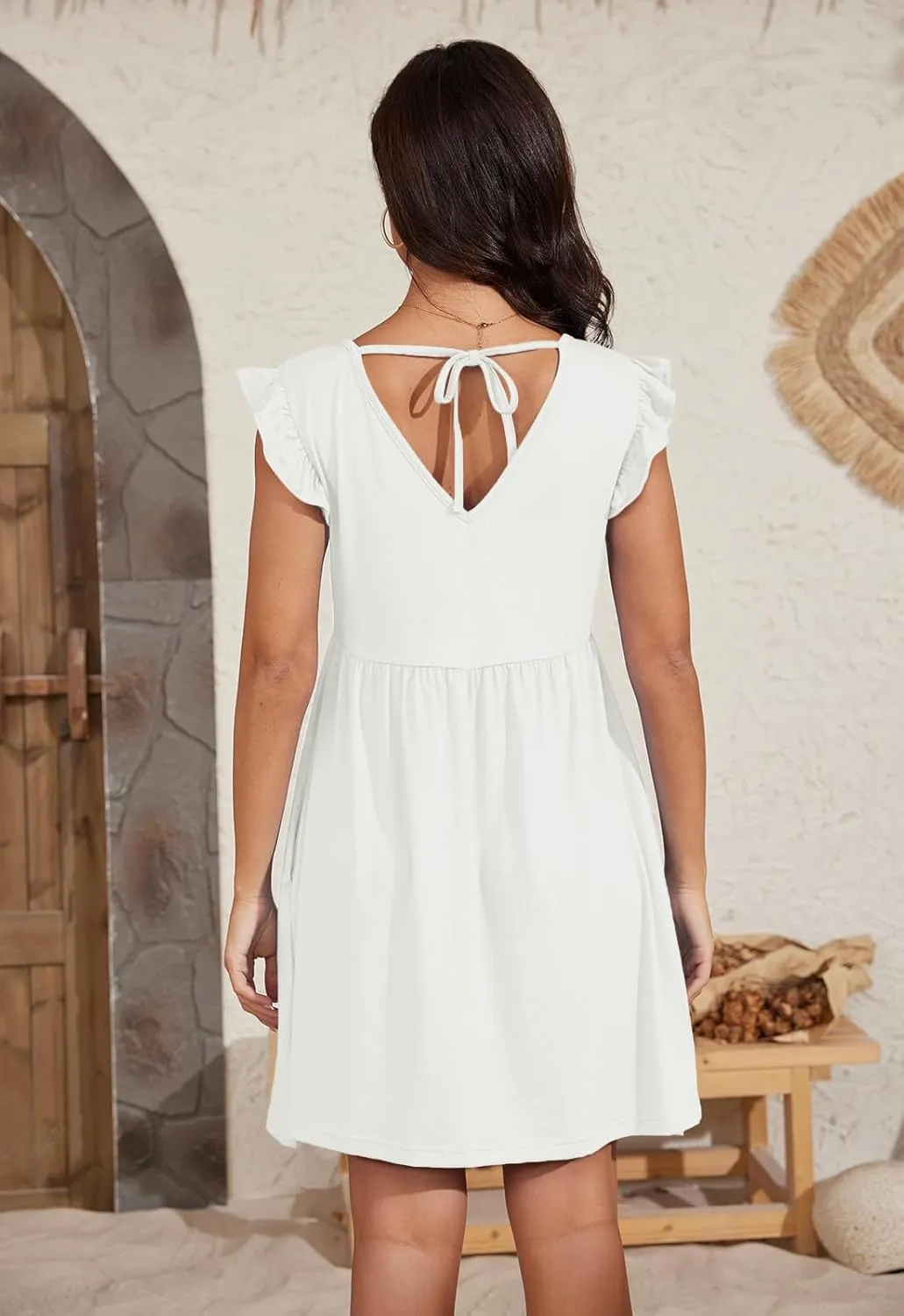 Jayscreate Women's 2025 Baby Doll Dress Backless Tie Back Pocket Summer Casual Ruffle Sleeve V Neck Mini T Shirt Dress