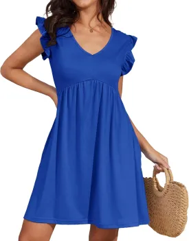 Jayscreate Women's 2025 Baby Doll Dress Backless Tie Back Pocket Summer Casual Ruffle Sleeve V Neck Mini T Shirt Dress