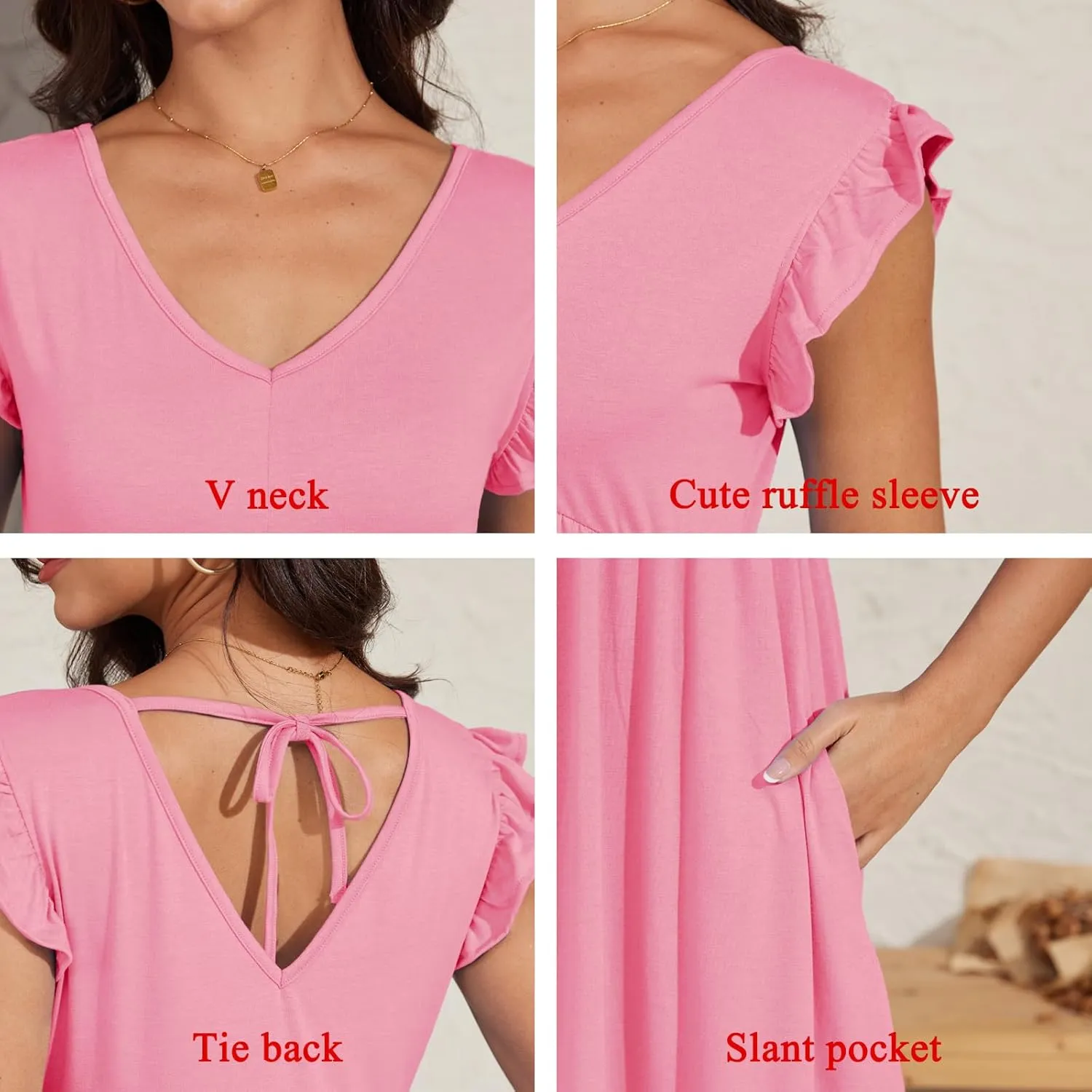 Jayscreate Women's 2025 Baby Doll Dress Backless Tie Back Pocket Summer Casual Ruffle Sleeve V Neck Mini T Shirt Dress