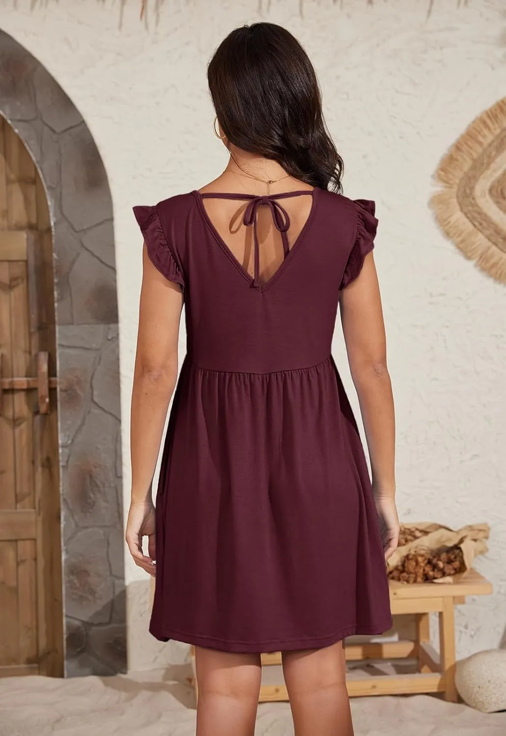 Jayscreate Women's 2025 Baby Doll Dress Backless Tie Back Pocket Summer Casual Ruffle Sleeve V Neck Mini T Shirt Dress