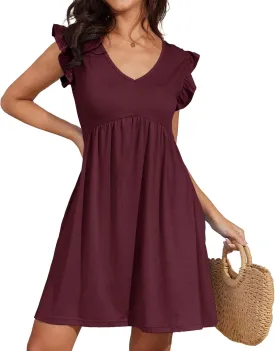 Jayscreate Women's 2025 Baby Doll Dress Backless Tie Back Pocket Summer Casual Ruffle Sleeve V Neck Mini T Shirt Dress