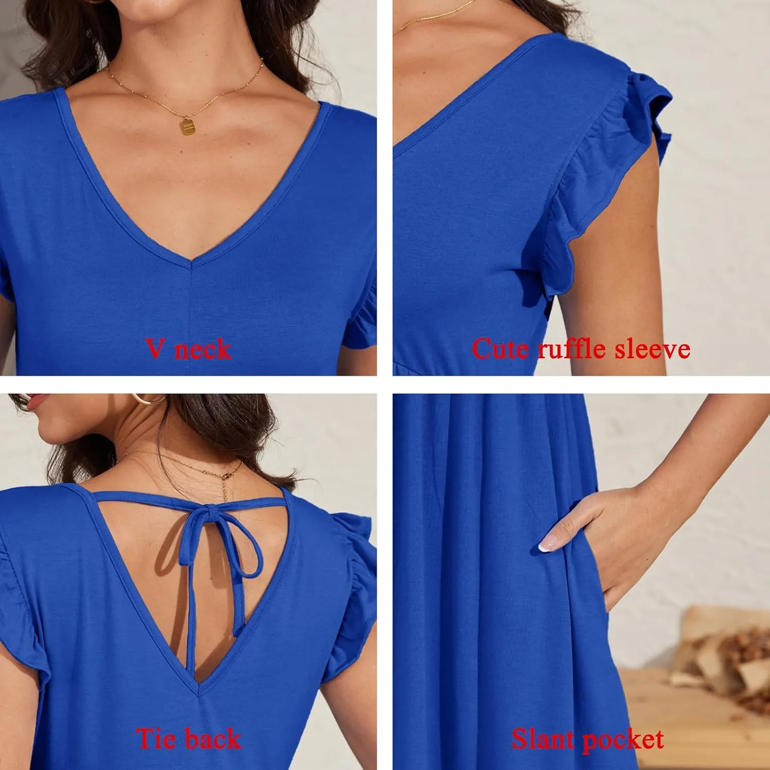 Jayscreate Women's 2025 Baby Doll Dress Backless Tie Back Pocket Summer Casual Ruffle Sleeve V Neck Mini T Shirt Dress