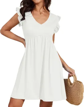 Jayscreate Women's 2025 Baby Doll Dress Backless Tie Back Pocket Summer Casual Ruffle Sleeve V Neck Mini T Shirt Dress