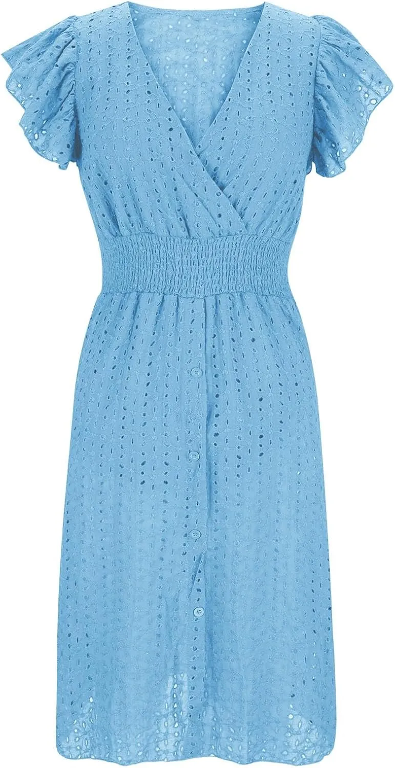 Ladies V Neck Eyelet Midi Dress Pleated Sleeve Wrap A Line Summer Dresses Knee Length Lightweight Flowy Soft Beachwear