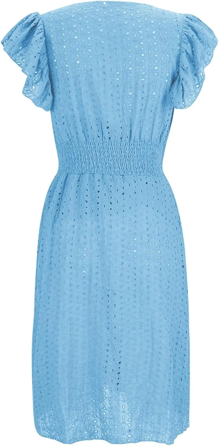 Ladies V Neck Eyelet Midi Dress Pleated Sleeve Wrap A Line Summer Dresses Knee Length Lightweight Flowy Soft Beachwear