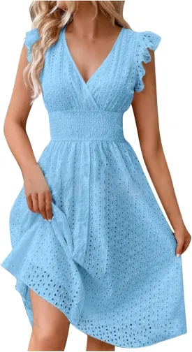 Ladies V Neck Eyelet Midi Dress Pleated Sleeve Wrap A Line Summer Dresses Knee Length Lightweight Flowy Soft Beachwear