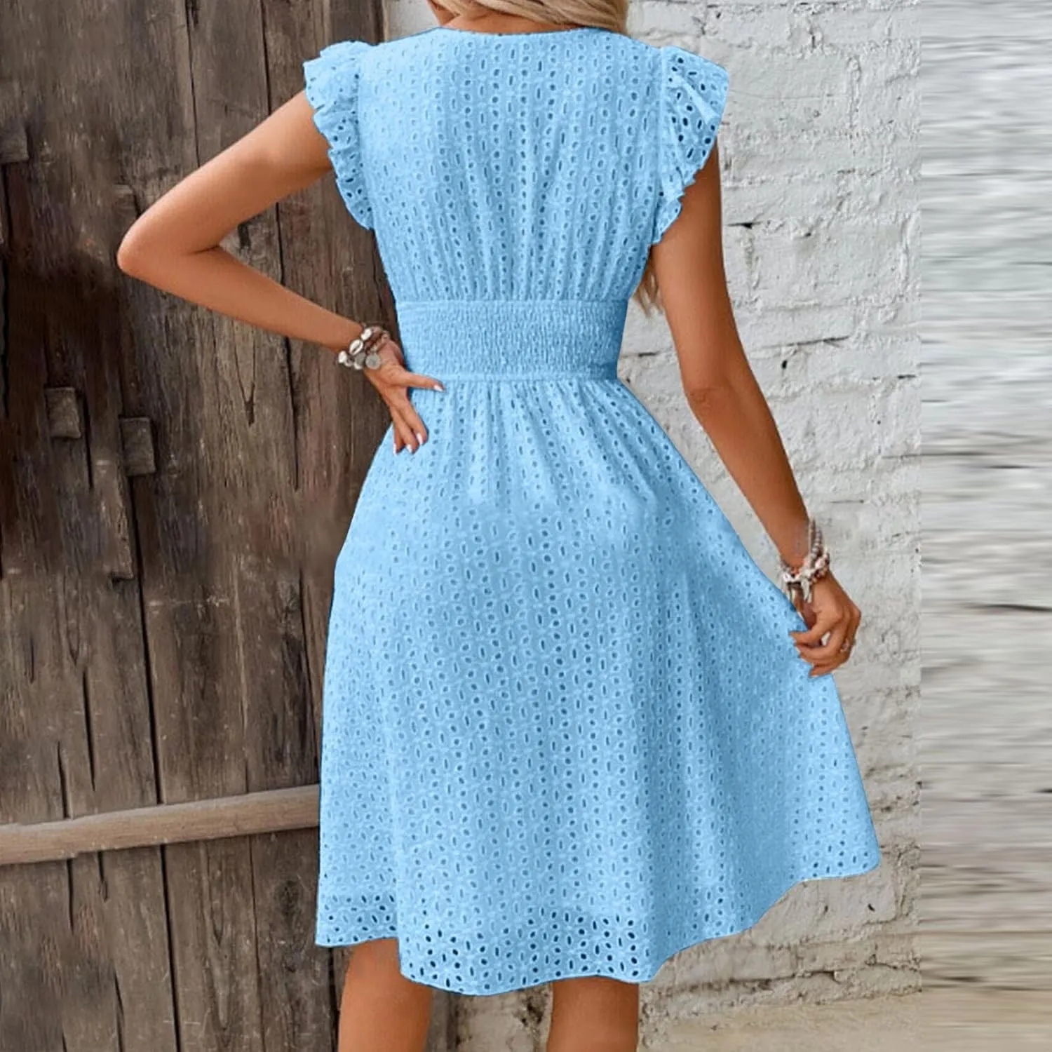 Ladies V Neck Eyelet Midi Dress Pleated Sleeve Wrap A Line Summer Dresses Knee Length Lightweight Flowy Soft Beachwear