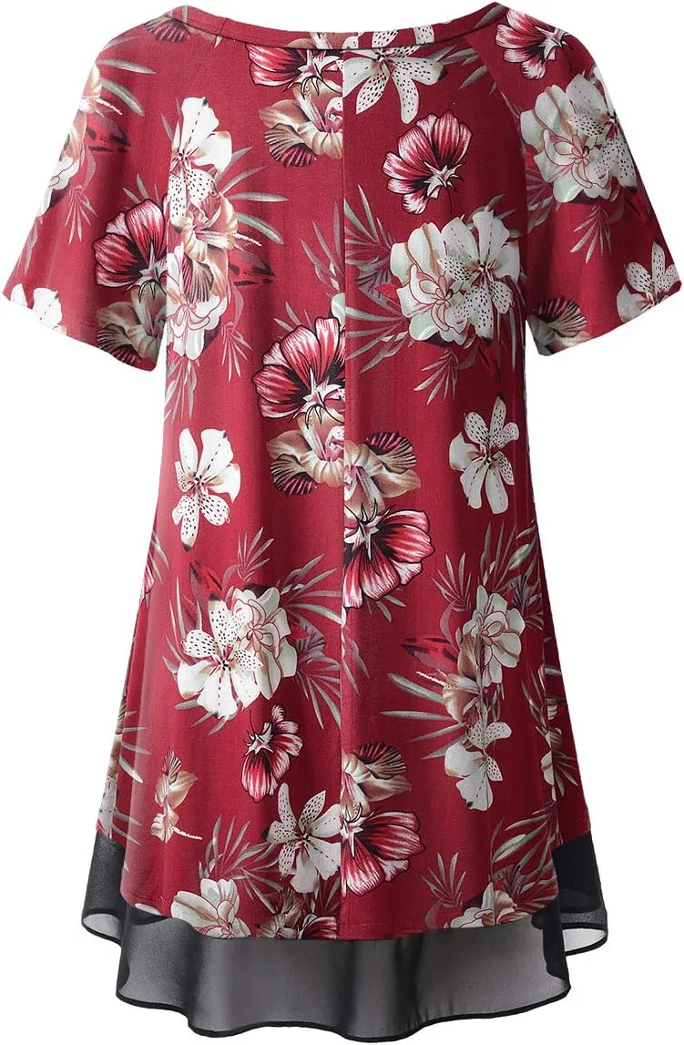 LARACE Plus Size Tunic Tops for Womens Summer Clothes Dressy Round Neck Short Sleeve Shirts Flowy Chiffon Blouses