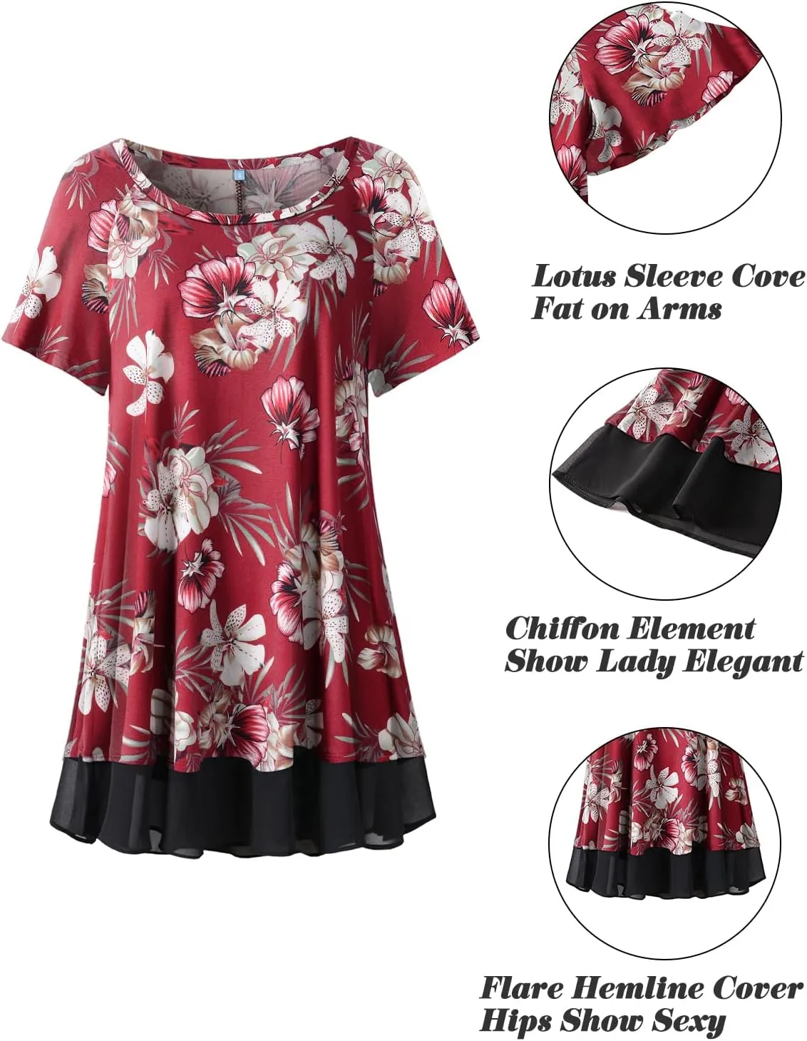 LARACE Plus Size Tunic Tops for Womens Summer Clothes Dressy Round Neck Short Sleeve Shirts Flowy Chiffon Blouses