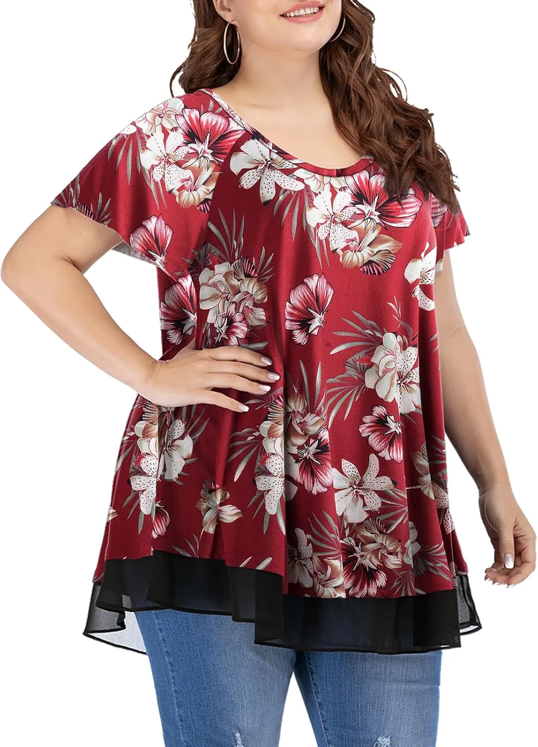 LARACE Plus Size Tunic Tops for Womens Summer Clothes Dressy Round Neck Short Sleeve Shirts Flowy Chiffon Blouses