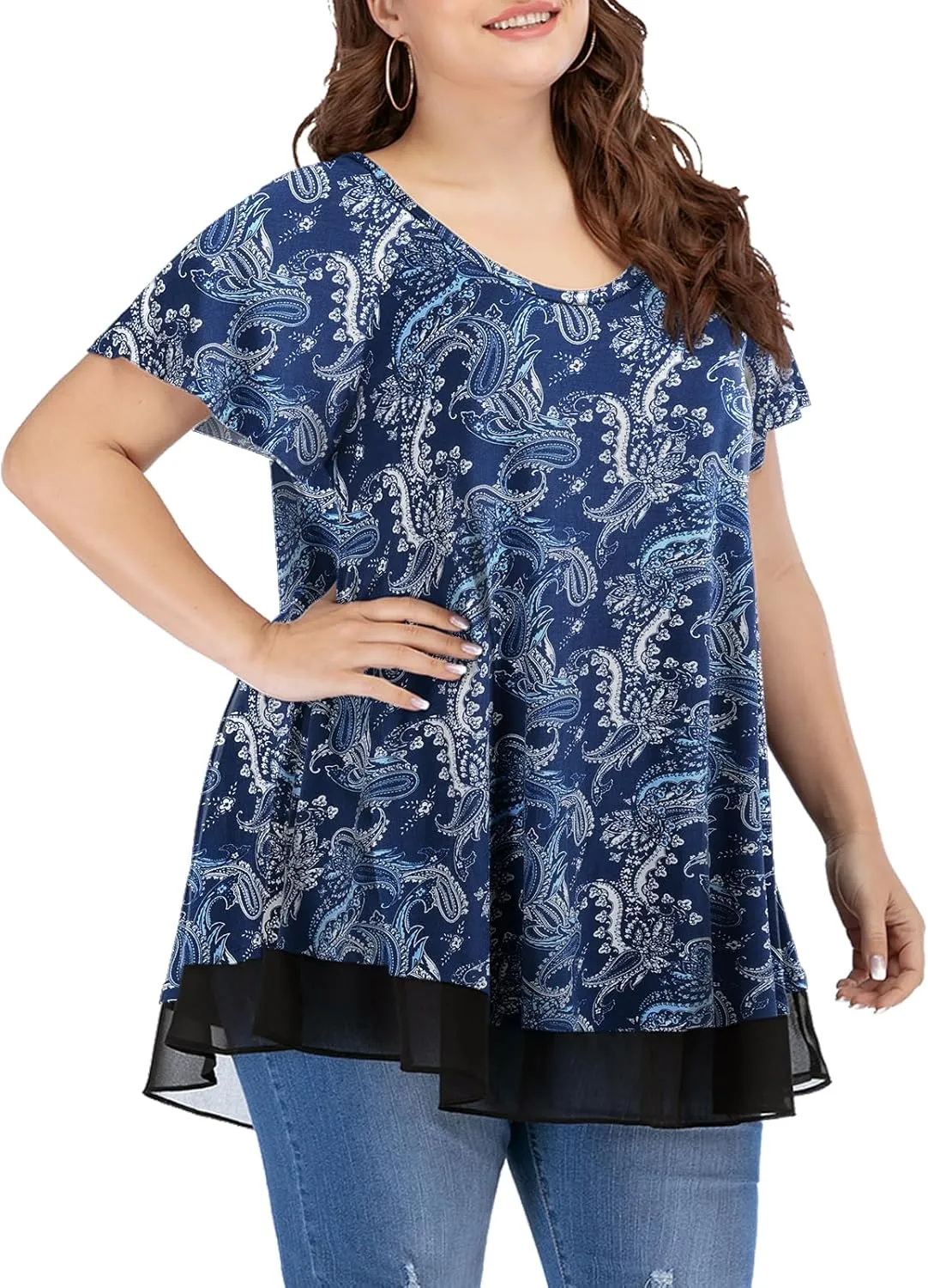 LARACE Plus Size Tunic Tops for Womens Summer Clothes Dressy Round Neck Short Sleeve Shirts Flowy Chiffon Blouses