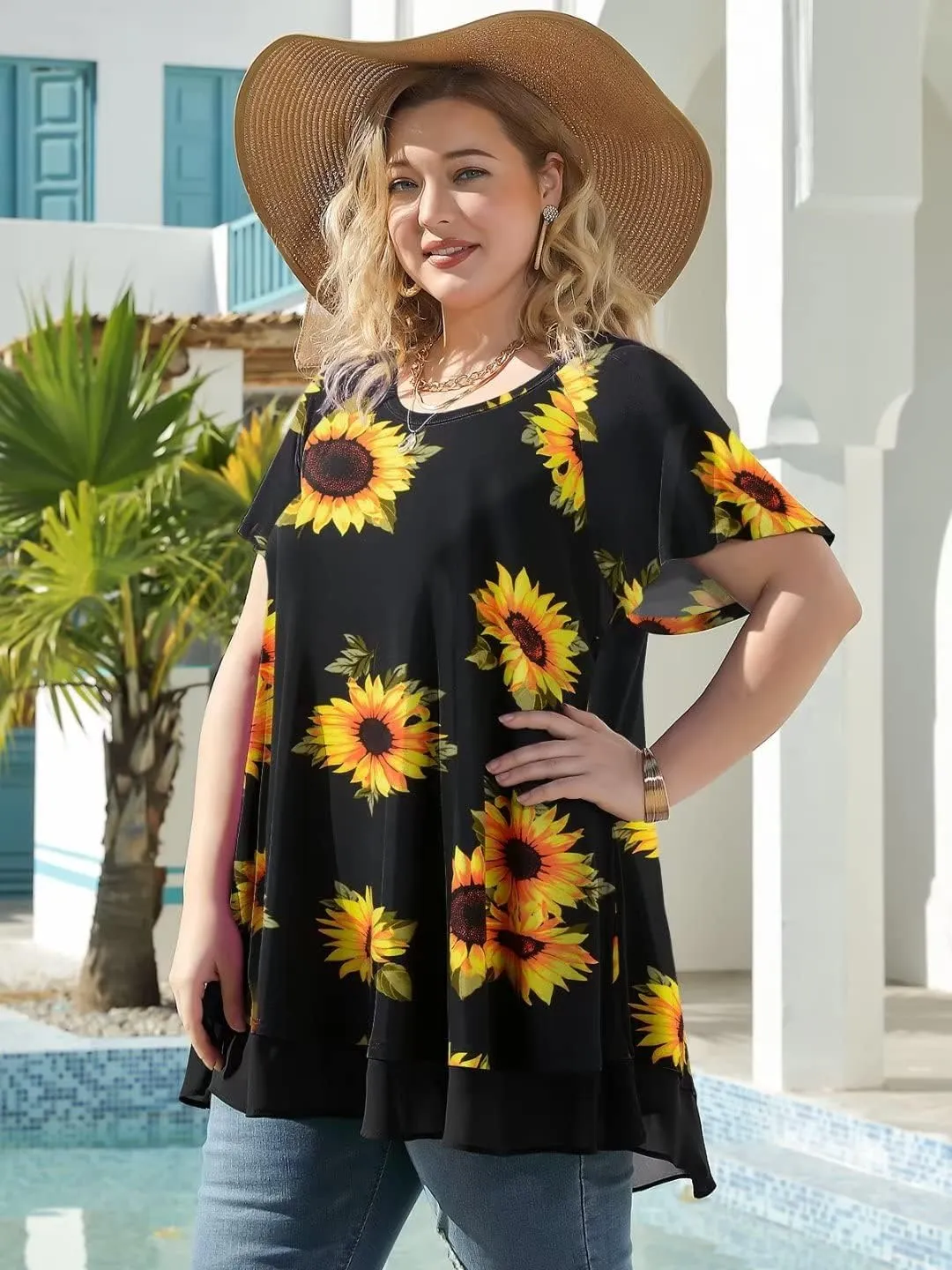 LARACE Plus Size Tunic Tops for Womens Summer Clothes Dressy Round Neck Short Sleeve Shirts Flowy Chiffon Blouses