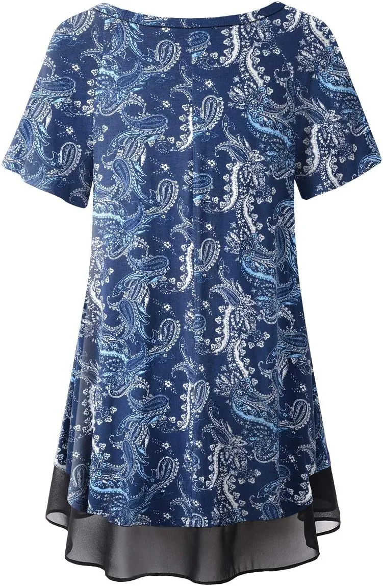 LARACE Plus Size Tunic Tops for Womens Summer Clothes Dressy Round Neck Short Sleeve Shirts Flowy Chiffon Blouses