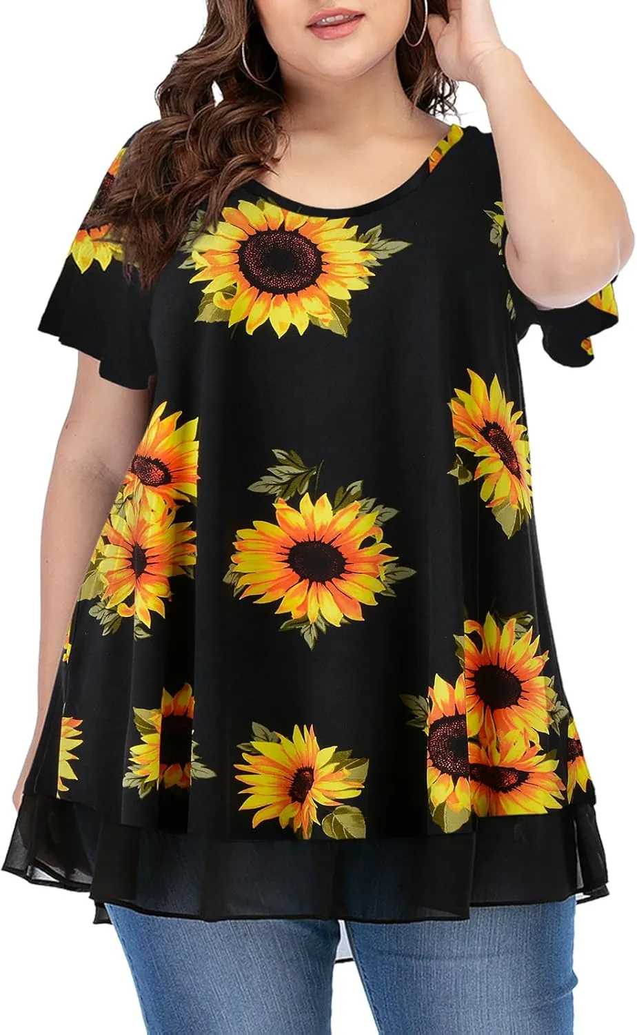 LARACE Plus Size Tunic Tops for Womens Summer Clothes Dressy Round Neck Short Sleeve Shirts Flowy Chiffon Blouses