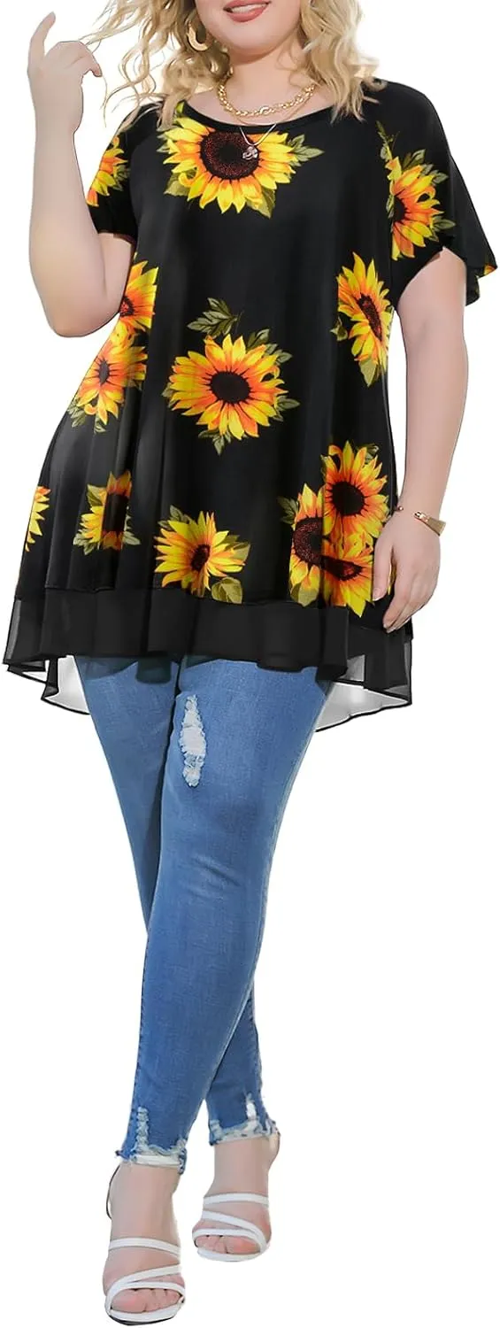 LARACE Plus Size Tunic Tops for Womens Summer Clothes Dressy Round Neck Short Sleeve Shirts Flowy Chiffon Blouses