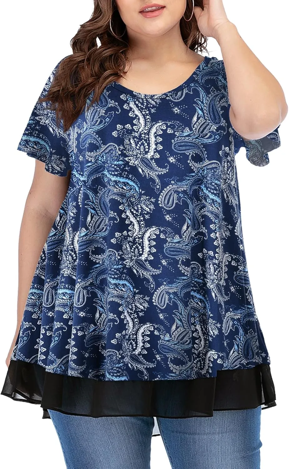 LARACE Plus Size Tunic Tops for Womens Summer Clothes Dressy Round Neck Short Sleeve Shirts Flowy Chiffon Blouses