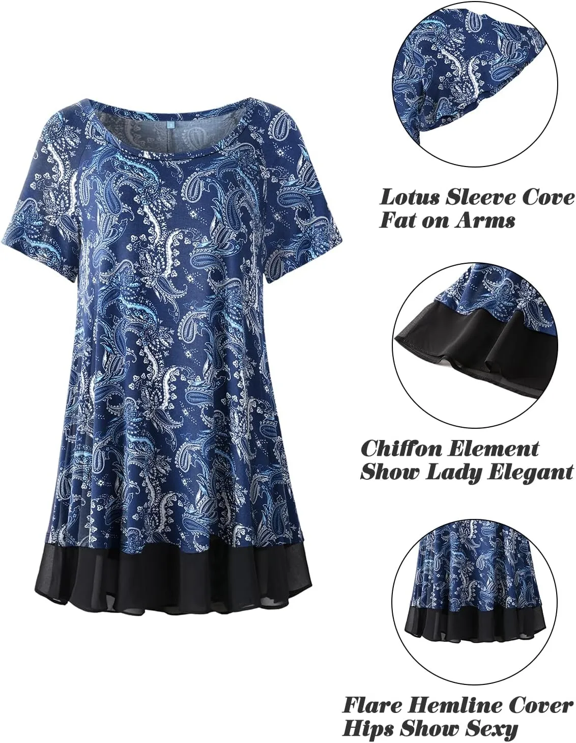LARACE Plus Size Tunic Tops for Womens Summer Clothes Dressy Round Neck Short Sleeve Shirts Flowy Chiffon Blouses