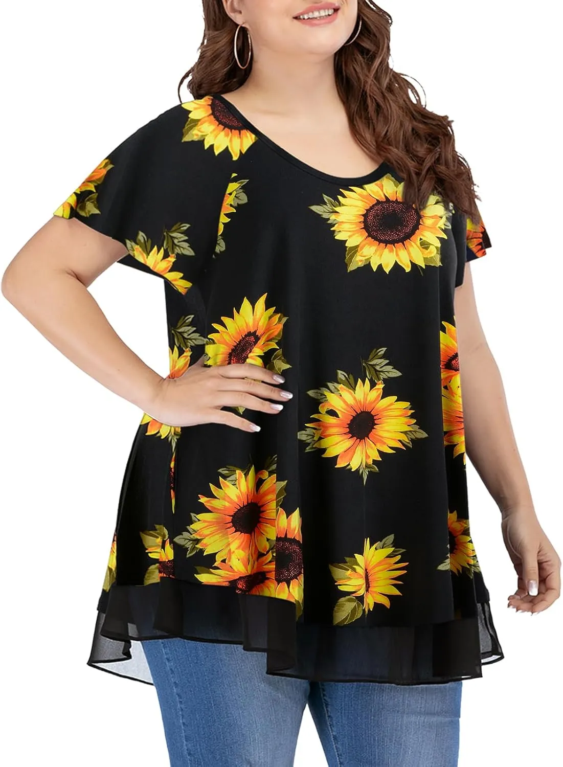 LARACE Plus Size Tunic Tops for Womens Summer Clothes Dressy Round Neck Short Sleeve Shirts Flowy Chiffon Blouses