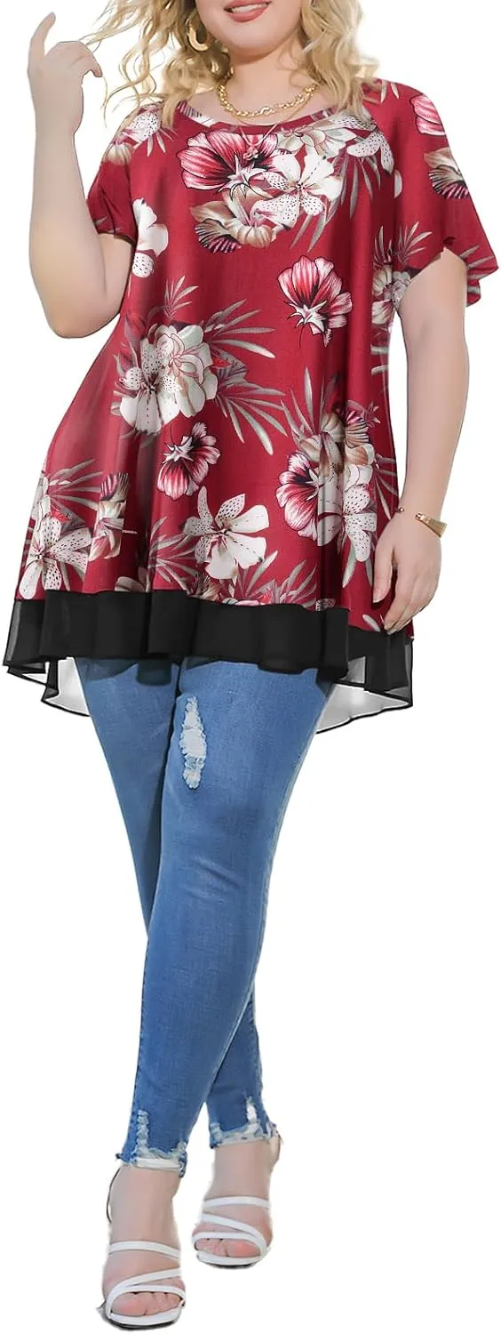 LARACE Plus Size Tunic Tops for Womens Summer Clothes Dressy Round Neck Short Sleeve Shirts Flowy Chiffon Blouses