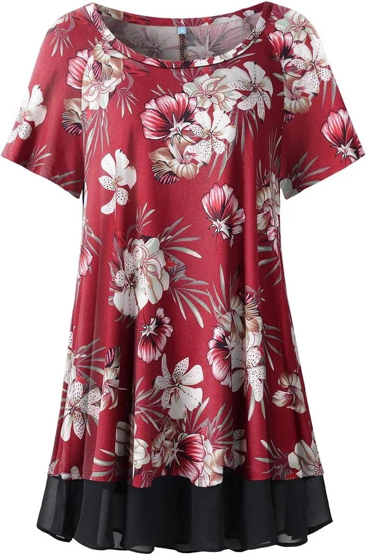 LARACE Plus Size Tunic Tops for Womens Summer Clothes Dressy Round Neck Short Sleeve Shirts Flowy Chiffon Blouses
