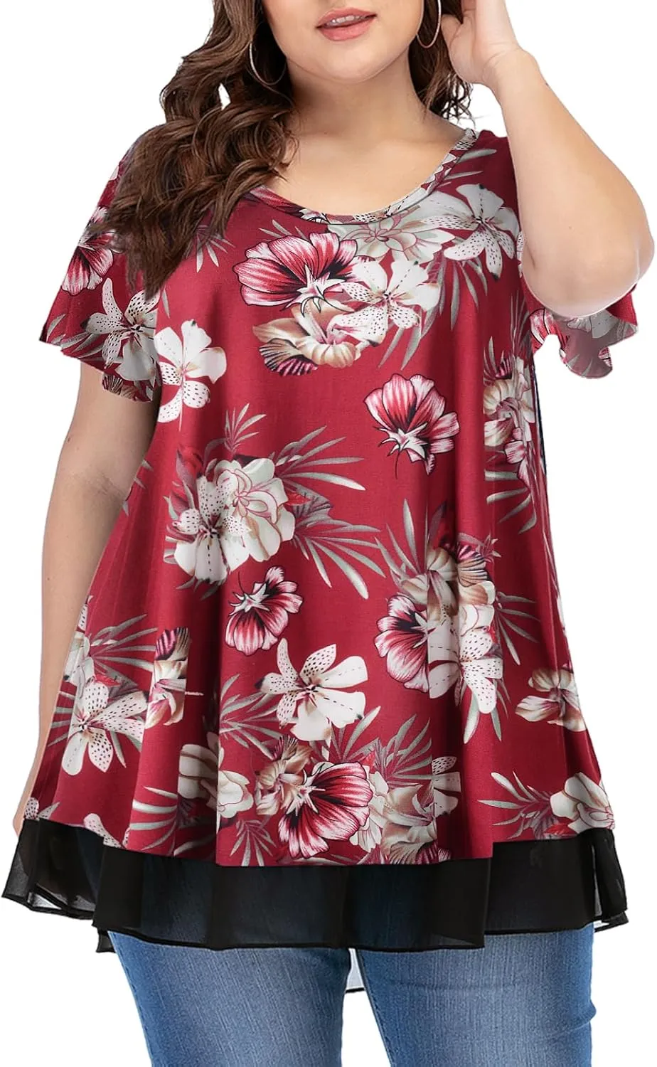 LARACE Plus Size Tunic Tops for Womens Summer Clothes Dressy Round Neck Short Sleeve Shirts Flowy Chiffon Blouses