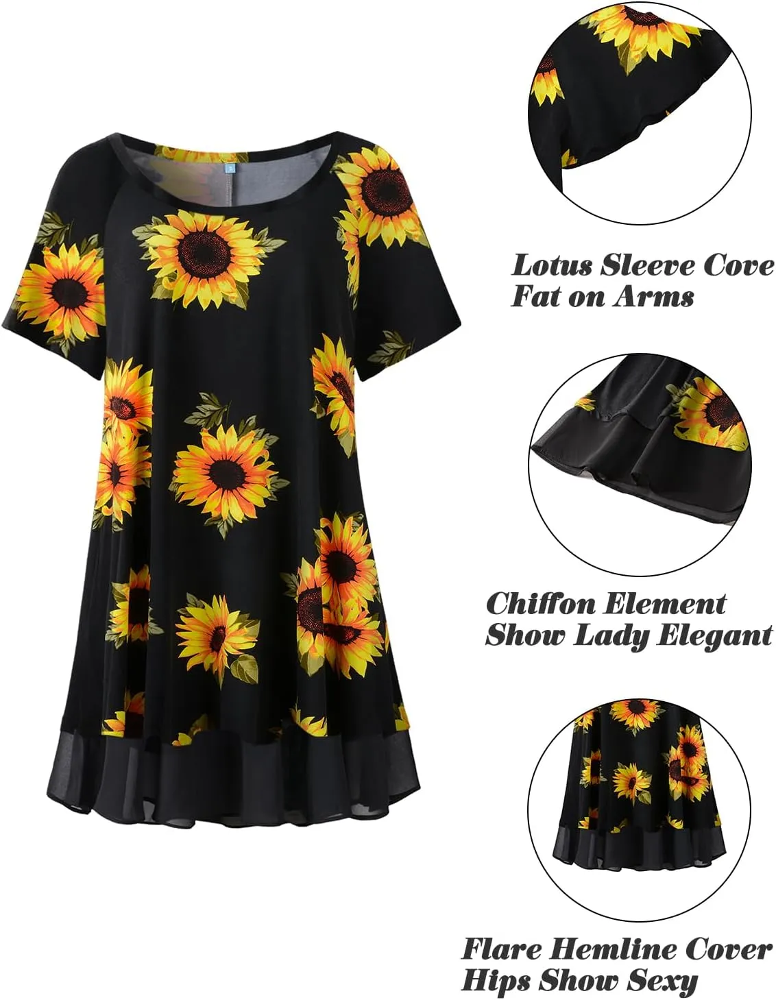 LARACE Plus Size Tunic Tops for Womens Summer Clothes Dressy Round Neck Short Sleeve Shirts Flowy Chiffon Blouses