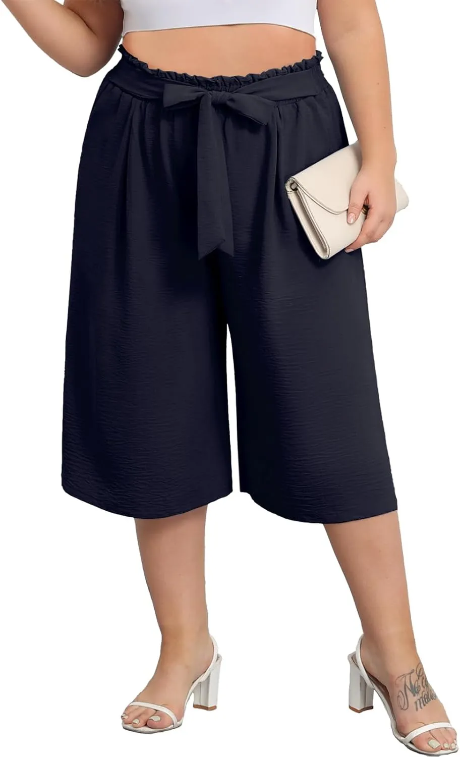 Lastshe Women's Plus Size Cropped Wide-Leg Pants Lightweight High Waisted Adjustable Tie Knot Casual Trousers Pants