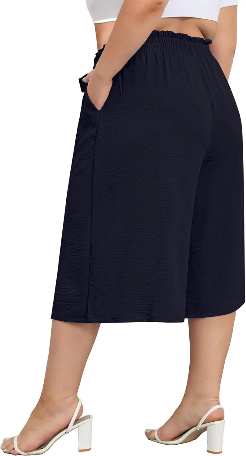 Lastshe Women's Plus Size Cropped Wide-Leg Pants Lightweight High Waisted Adjustable Tie Knot Casual Trousers Pants