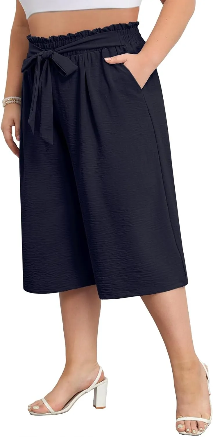 Lastshe Women's Plus Size Cropped Wide-Leg Pants Lightweight High Waisted Adjustable Tie Knot Casual Trousers Pants