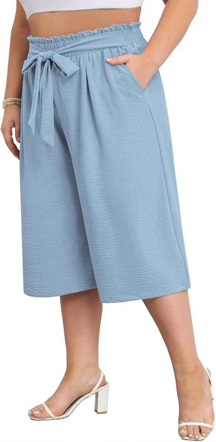 Lastshe Women's Plus Size Cropped Wide-Leg Pants Lightweight High Waisted Adjustable Tie Knot Casual Trousers Pants