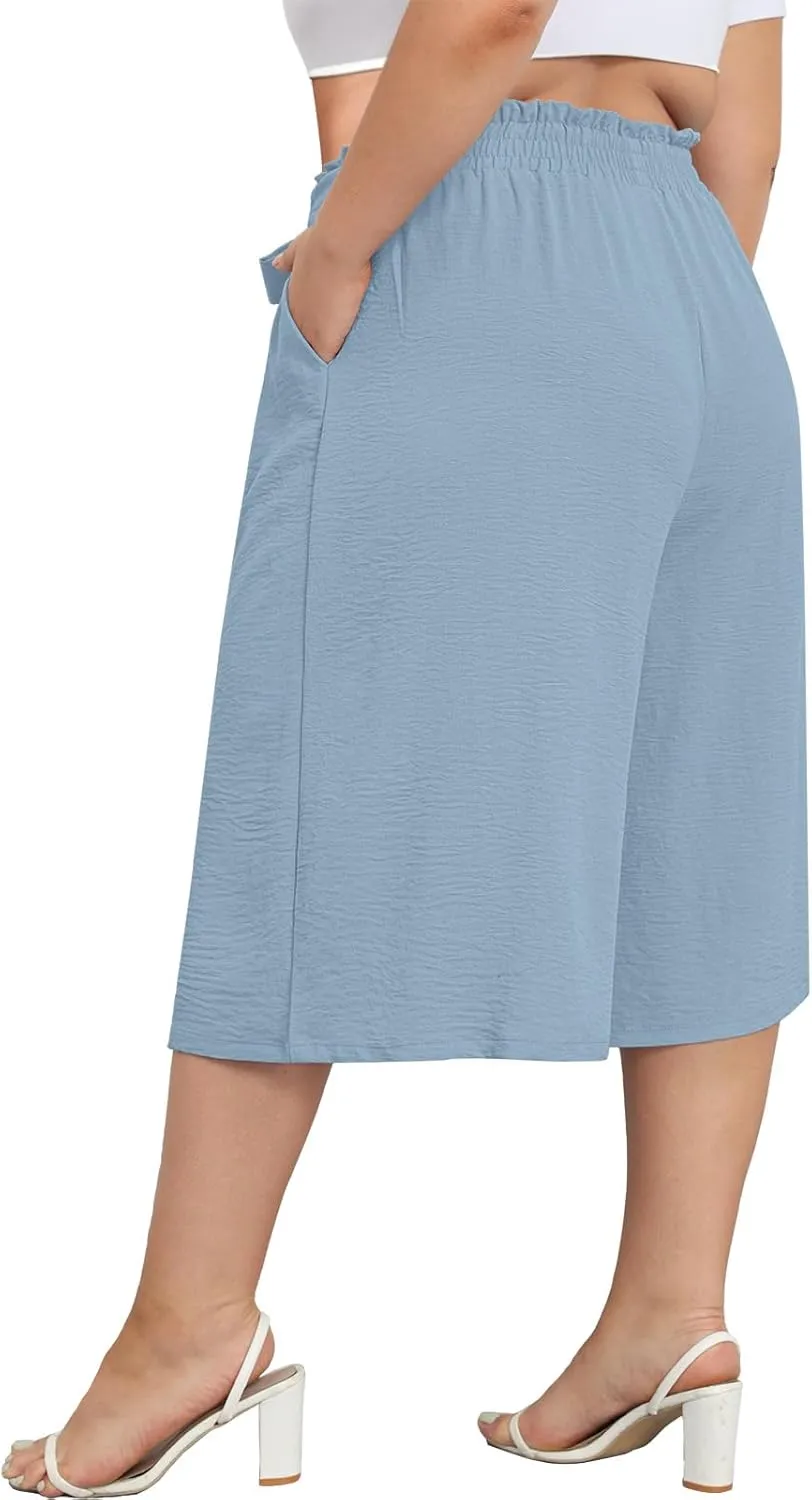 Lastshe Women's Plus Size Cropped Wide-Leg Pants Lightweight High Waisted Adjustable Tie Knot Casual Trousers Pants