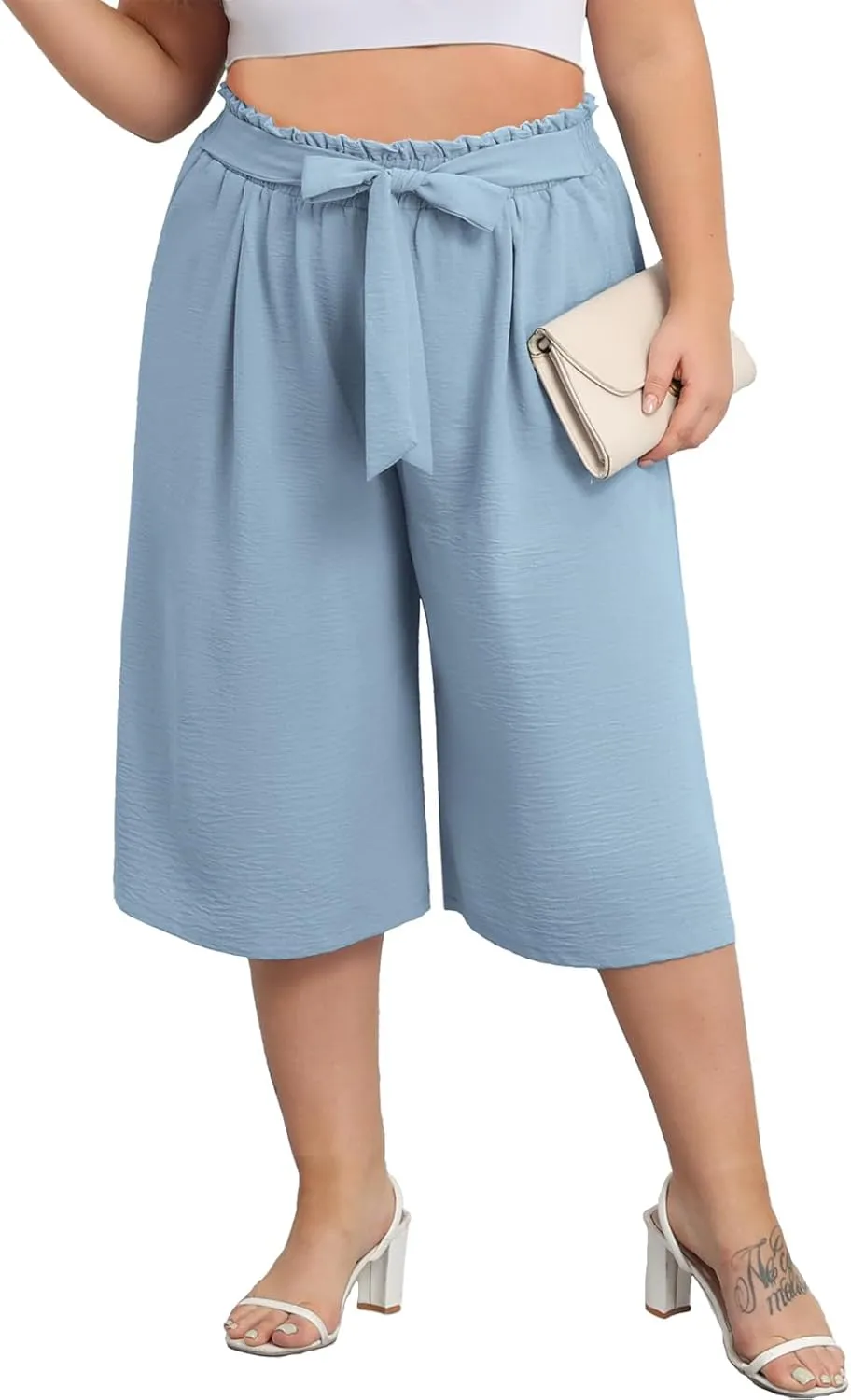 Lastshe Women's Plus Size Cropped Wide-Leg Pants Lightweight High Waisted Adjustable Tie Knot Casual Trousers Pants