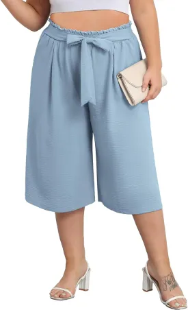 Lastshe Women's Plus Size Cropped Wide-Leg Pants Lightweight High Waisted Adjustable Tie Knot Casual Trousers Pants